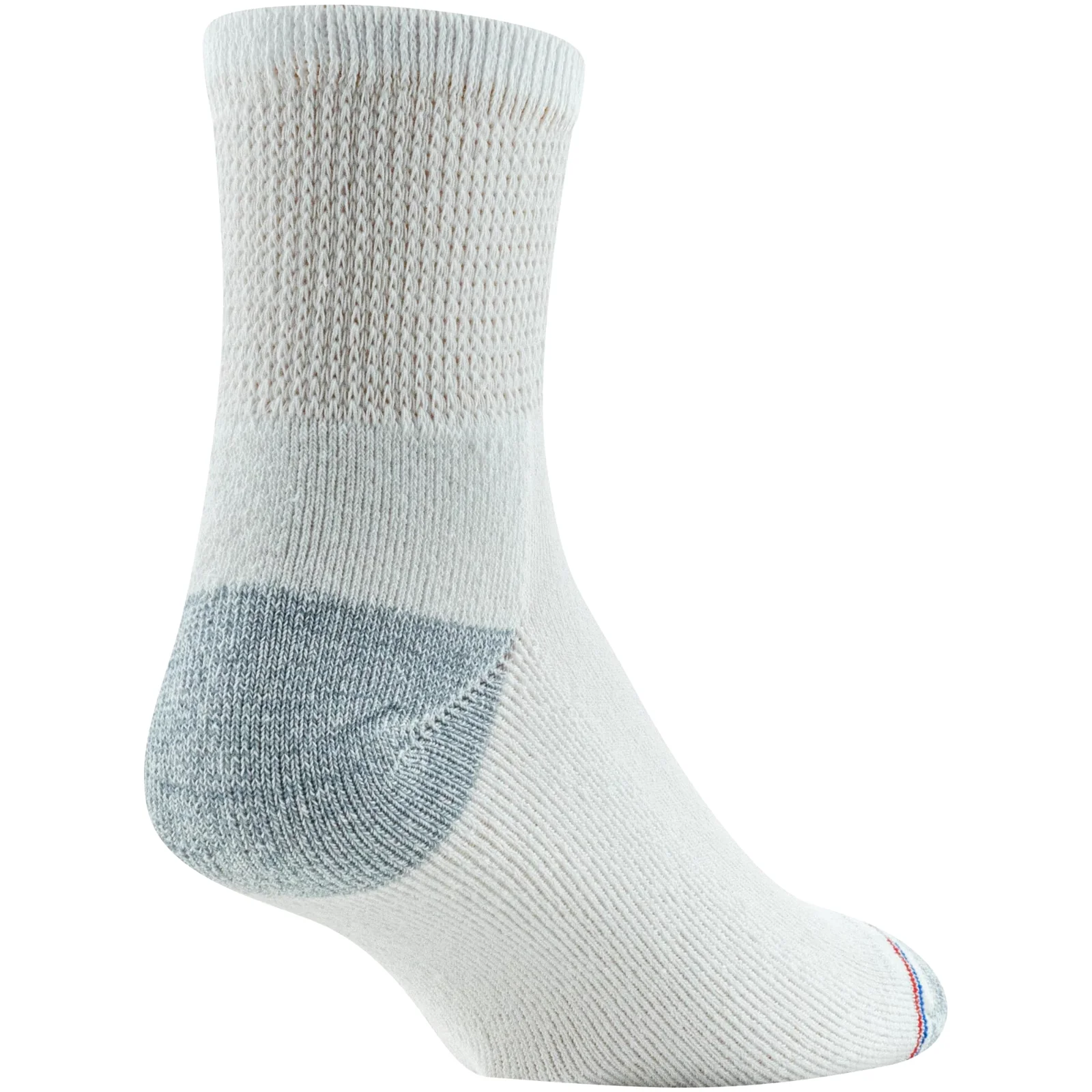 A white quarter sock on a form, seen from the heel