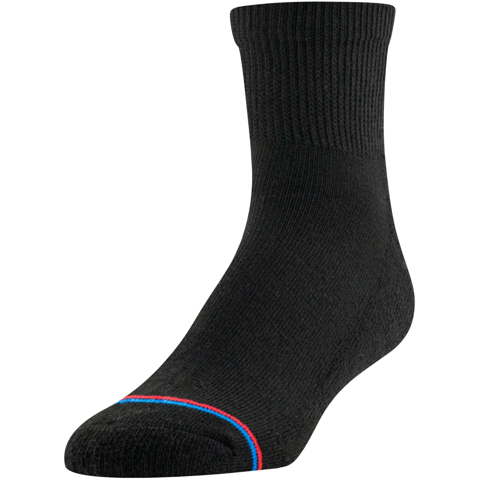 The cuff of a black quarter sock, unstretched