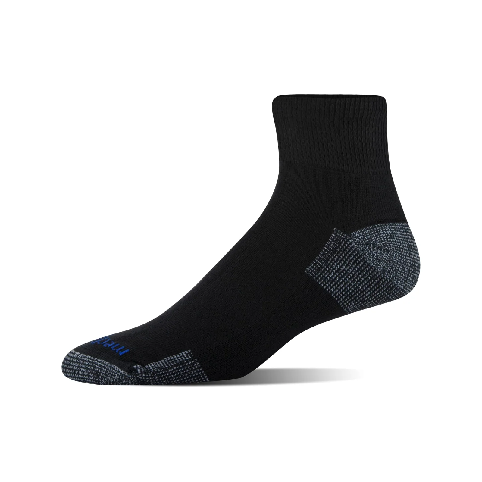 The grey cushioned heel of a black quarter sock